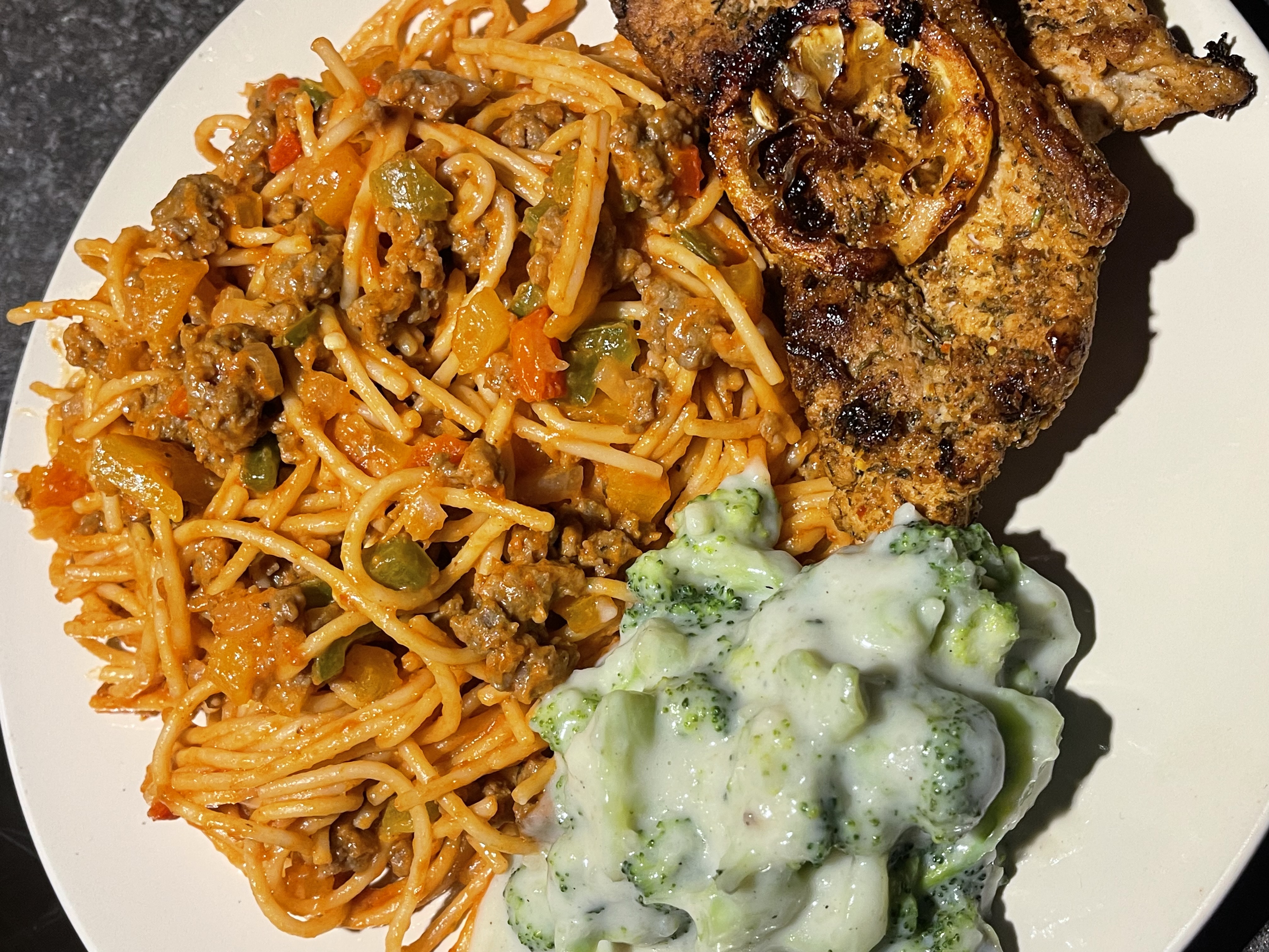 Spaghetti bolognese, Pork chop and creamed broccoli